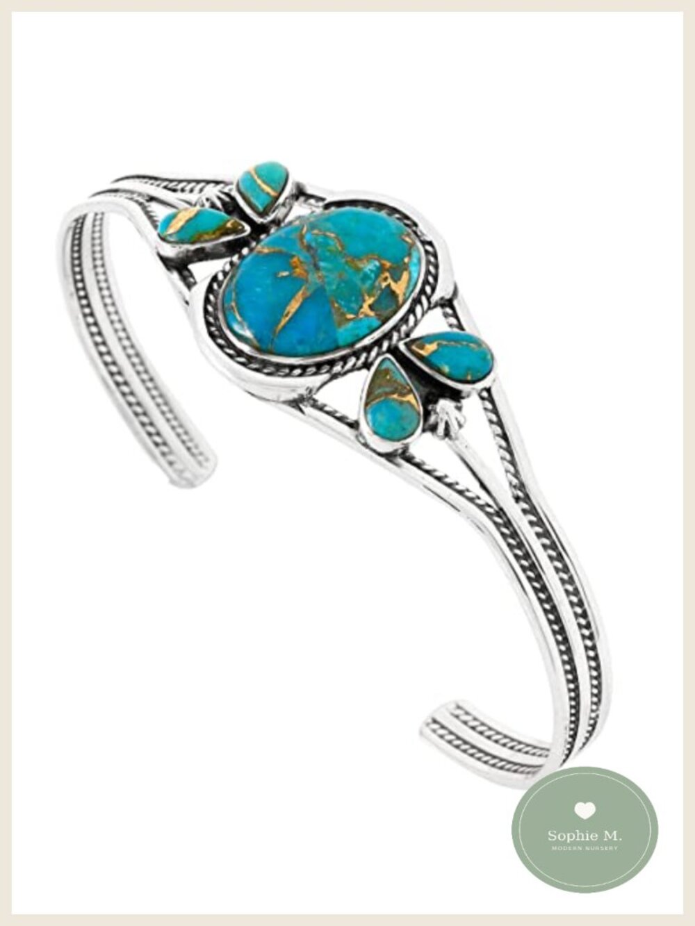 Sterling Silver 925 Turquoise Cuff Bracelet Adjustable Gemstone